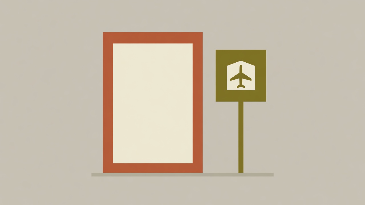 Flat vector illustration of a terracotta and cream airline baggage sizer frame beside an olive gate sign