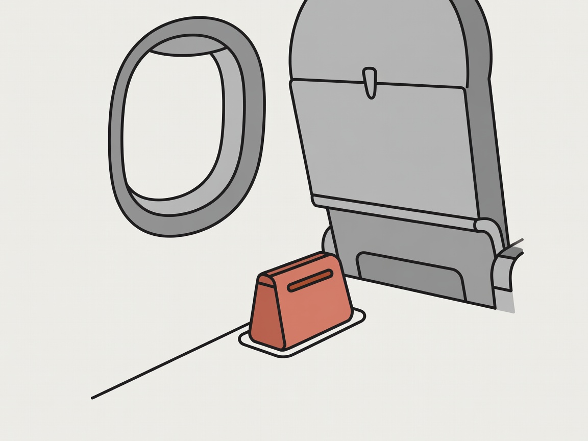 Flat vector illustration of a plane window in cream and olive with a small terracotta bag tucked beneath the seat