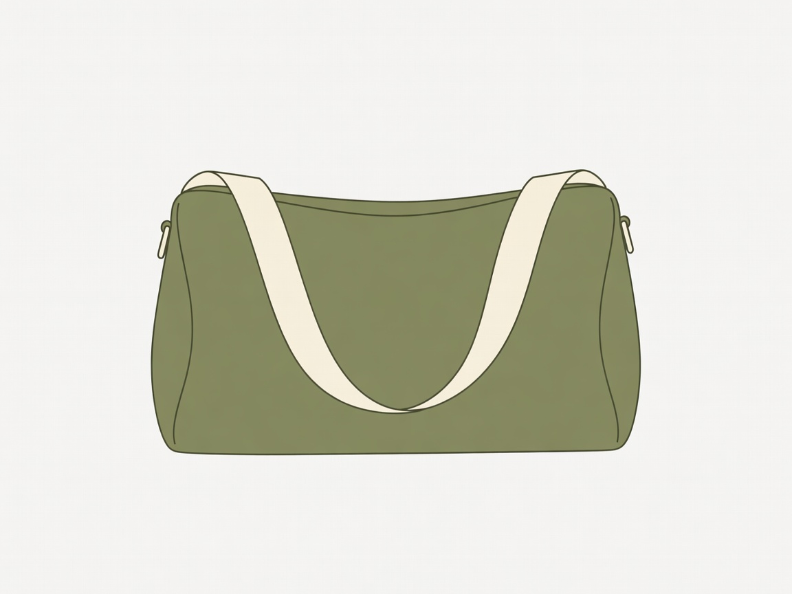 Flat vector illustration of an olive soft duffel bag with cream straps resting on a terracotta ground